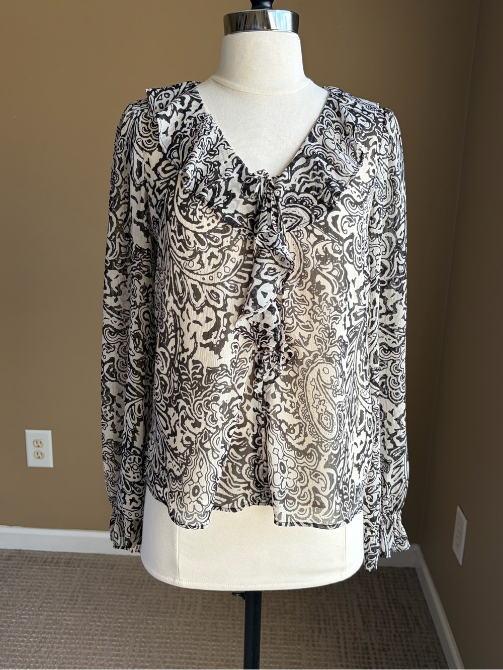 Sheer Black & Ivory Paisley Ruffle Blouse-Small Coquette Boho Chic Romantic Goth